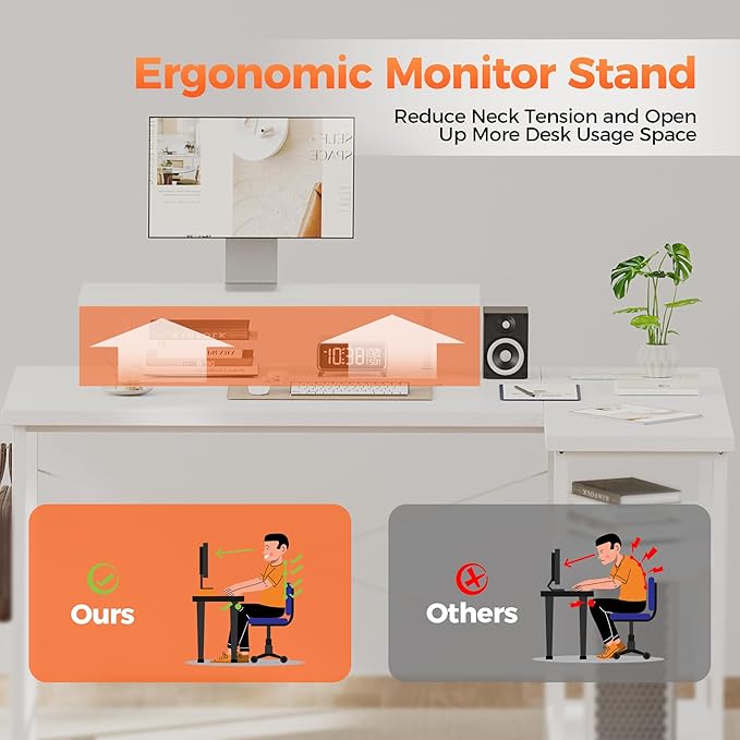 Mericonia Small L Shaped Computer Desk with Power Outlets, Reversible Gaming Desk with Storage Shelves & Monitor Stand, Corner Gamer Desk Table, Study Writing Table