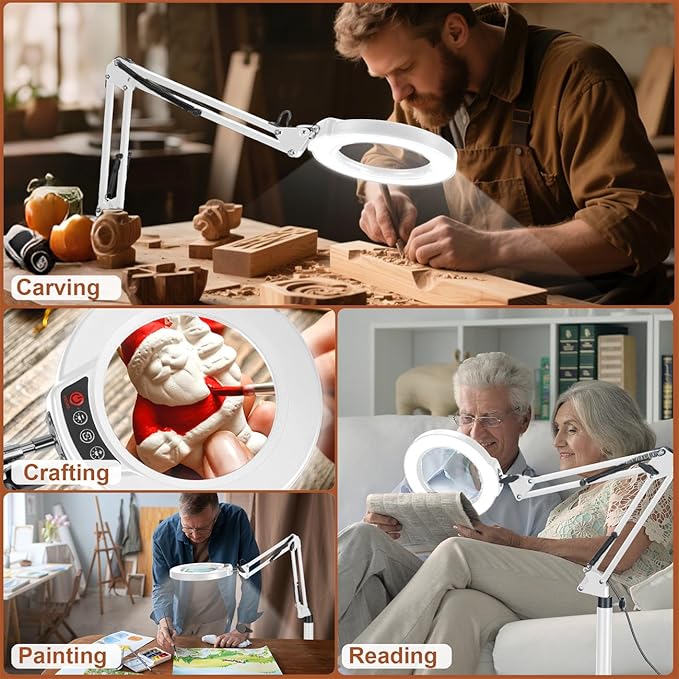 LANCOSC 10X Magnifying Glass with Light and Stand, 3-in-1 Adjustable Swing Floor Lamp, 5 Color Modes Stepless Dimmable, LED Lighted Hands Free Magnifier & Clamp for Reading, Crafts, Painting - White