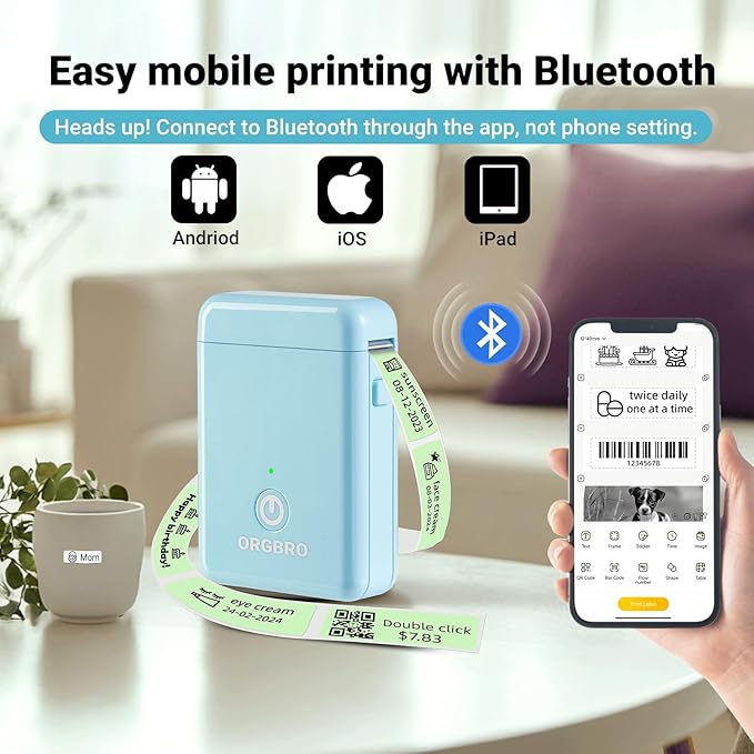 ORGBRO Label Maker Machine with Tape, X1 Portable Bluetooth Label Printer for Home Office Organization, Support Pre-Cut & Continuous Labels, Inkless Thermal Small Labeler for School Kitchen, Blue
