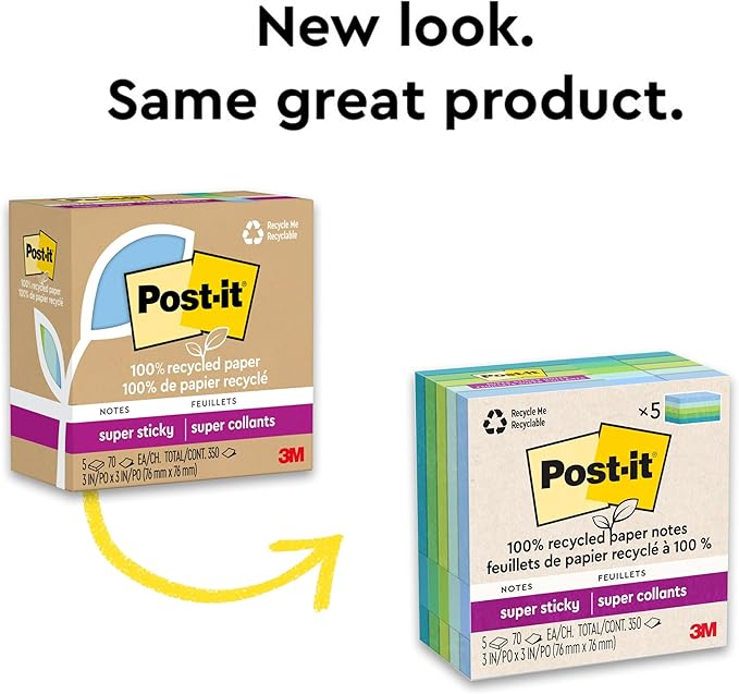Post-it 100% Recycled Paper Super Sticky Notes, 3 in. x 3 in., 5 Pads, 70 Sheets per Pad, Oasis Collection, School Supplies and Office Products