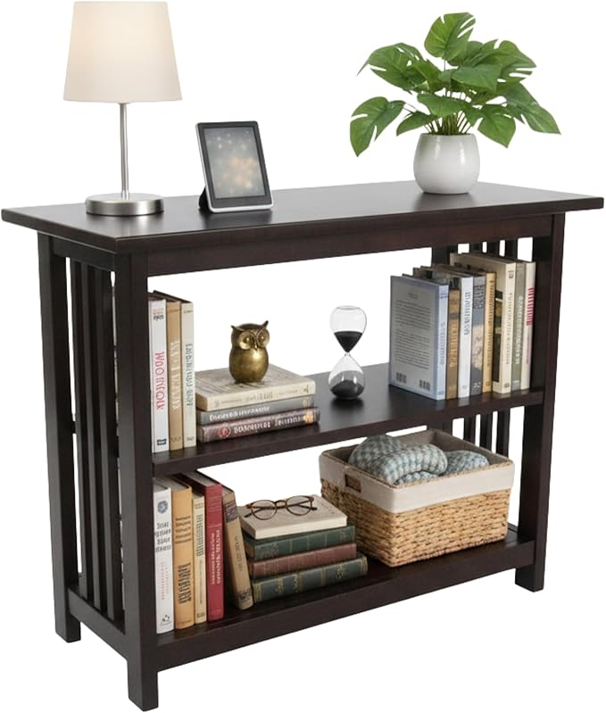 Alaterre Furniture Mission 3-Tier Under Window Bookshelf with Adjustable Middle Shelf and Vertical Slat Side Panels – Space Saving Bookcase for Office, Living Room, or Bedroom (Espresso)