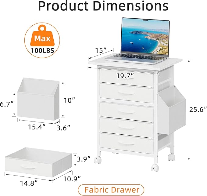 5 Fabric Drawers File Cabinet with Side Pocket, Rolling Printer Stand with Storage for Home Office, Wood Top Storage Cabinet for Documents and Crafts, White, 15" D