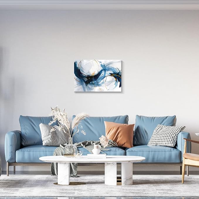 gaosoul Modern Abstract Canvas Wall Art Vibrant Blue Gold Lines Doodled on White Background Paintings Stylish Framed Minimalism Artwork Prints for Living Room Bedroom Office Decor 30x20in