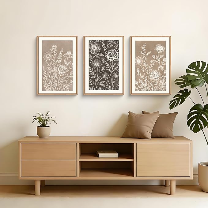 Neutral Boho Flower Framed Canvas Wall Art Set,Vintage Moody Rose Peony Daisy Wildflower Decor,Modern Natural Brown Black Floral Botanical Artwork for Living Room,Bedroom,Farmhouse-24 x36 x3
