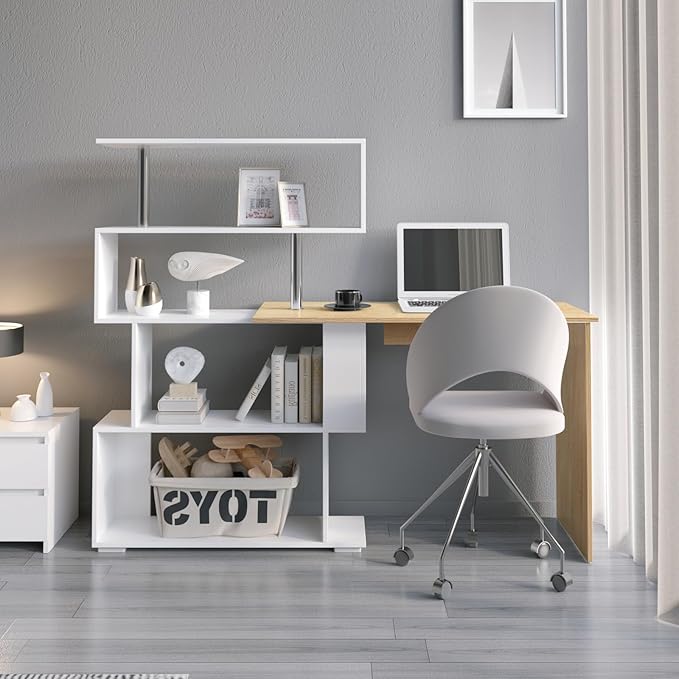 41.7" L Shaped Desk with 4-Tier Storage Shelves, Computer Corner Desk for Study Home Office Living Room (Oak and White)