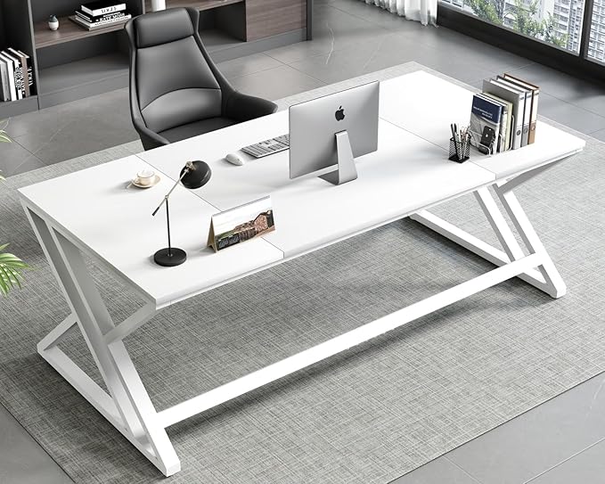 HSH White 70.8" Computer Desk, Modern Large Long Wood Metal Office Desk, Farmhouse Pc Study Work Writing Desk for Two Person, Rustic Double Workstation Executive Desk for Home Bedroom Living Room