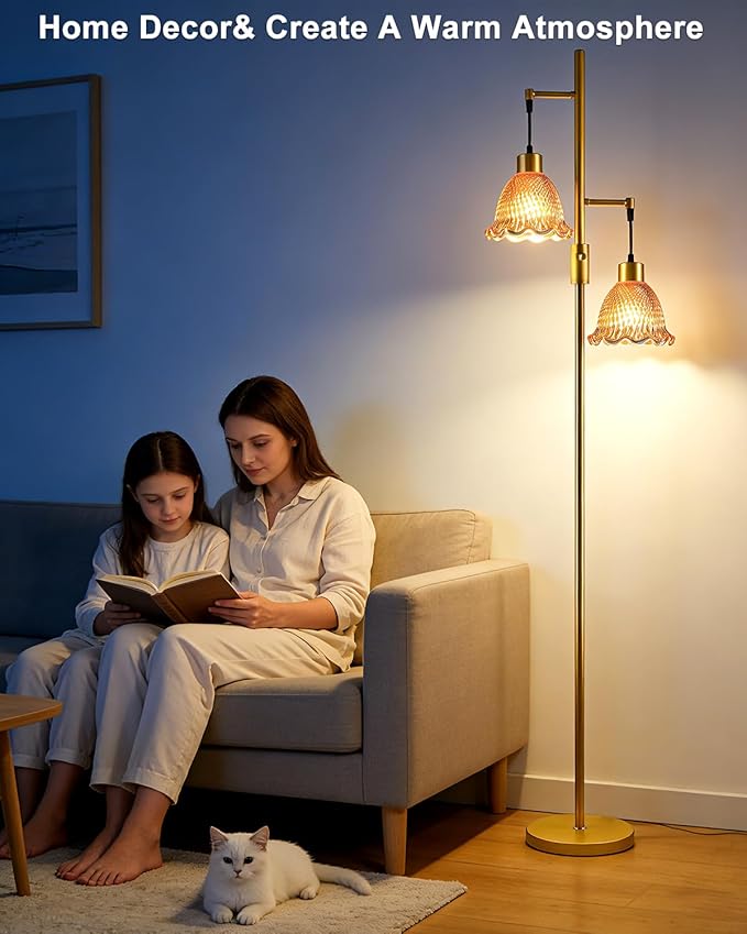 Lightdot 2- Light Gold Flower Floor Lamp for Living Room, 65IN Dimmable Floor Lamps with Rose Red Glass Shade&3000K Warm White Bulbs, Modern Standing Tall Lamp for Bedroom Office