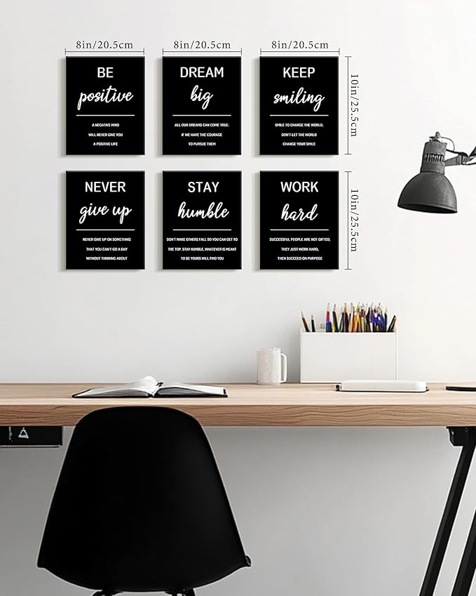 KUVIOKE Inspirational Framed Wall Art Motivational Quotes Wall Decor Encouraging Office Posters Positive Affirmations Sayings for Classroom Bedroom Living Room Ready to Hang Set of 6, 8x10in (Framed)