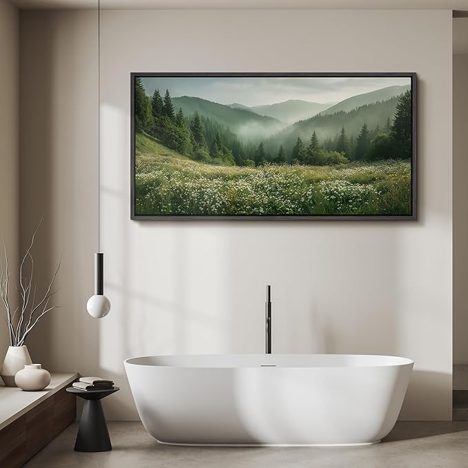 SIGNFORD Extra Large Framed Canvas Print Wall Art Misty Green Valley Meadow Landscape Illustrations Modern Art Calm Warm for Living Room, Bedroom, Office - 60"x30"