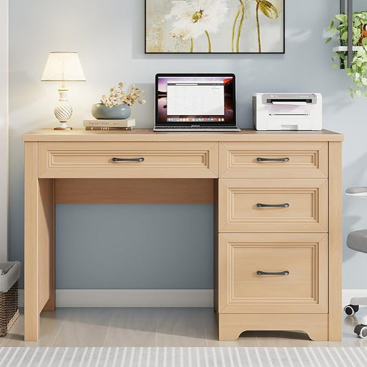 Farmhouse Executive Desk with Drawers, Wood Computer Desk with Ample File Drawer, Rustic Home Office Desk with Storage for Bedroom, Living Room, Natural