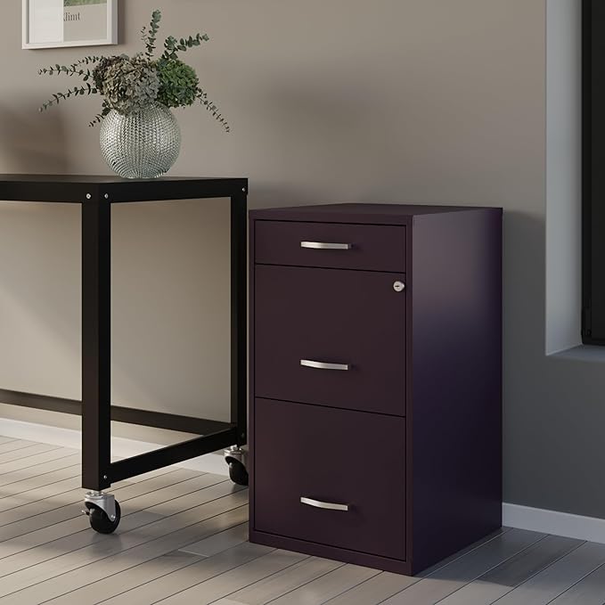 Hirsh Space Solutions 18" Deep Modern Metal Organizer File Cabinet with Cam Lock, 3-Drawer, Letter-Size, for Small Home/Home Office in Midnight Purple