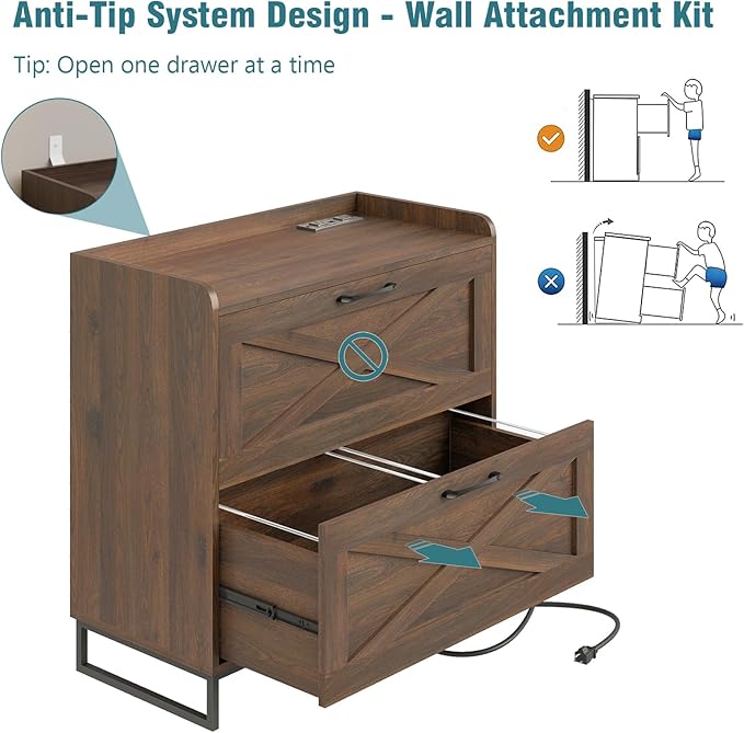 2 Drawer Lateral File Cabinet, Filing Cabinet with Charging Station for Letter/Legal/A4 Size Hanging Files, Modern Farmhouse File Cabinet for Home Office, Printer Stand with Storage, Dark Walnut