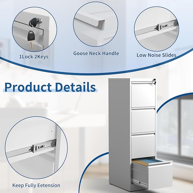4 Drawer File Cabinet with Lock, Metal Filing Cabinet for Home Office, Vertical File Cabinet for Letter/Legal/A4/F4 Documents, Easy to Assemble Steel Storage Cabinet