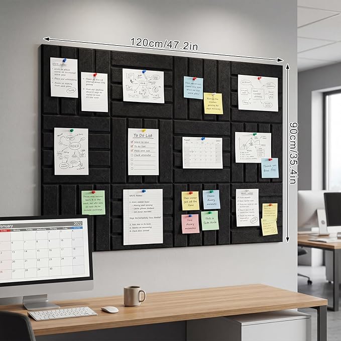 Felt Bulletin Board Tiles 48" x 36", 12-Pack Cork Board for Office, Pin Board with 60 Pushpins Cork Boards for Office Decor Walls Organizer, 70 Adhesive Tabs Included - Black