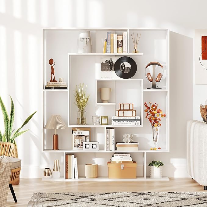 Giantex 7-Tier Geometric Bookshelf with Open Shelves, Modern Bookcase Display Shelf for Living Room Bedroom Study, Freestanding Storage Rack with Anti-Tip Kit, 49.5''L x 8.5''W x 59''H (White)