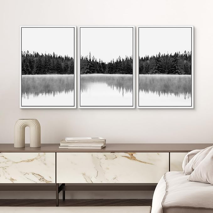 SIGNWIN 3 Piece Framed Canvas Wall Art Woodland Nursery Decor Black and White Forest with Lake Nature Abstract Traditional Home Artwork Decoration for Living Room,Bedroom - 16"x24"x3 White