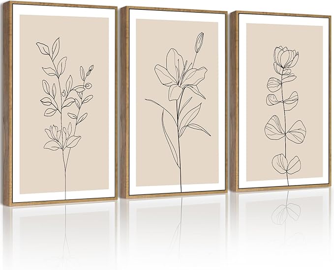 Drsoum Black Line Flower Wall Art Vintage Floral Minimalist Wall Hanging Decor Bohemain Botanical Prints Artwork for Office Dining Room Hallway 11x14in Natural Framed