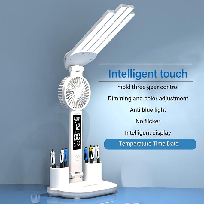 ZJchao Desk Lamp, LED Desk Lamps with Fans Pen Holder Four Headed Touch Control Stepless Dimming Foldable Table Study Lamp LED Display Table Light for Study Read Manicure Repair