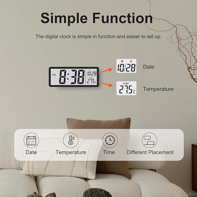 JoFomp LCD Digital Wall Clocks Battery Operated, 8.5" Modern Wall Clocks for Living Room Decor, Simple Digital Wall Clock with Temperature/Date/Time - 12/24H, Small Desk Clock for Bedroom Office