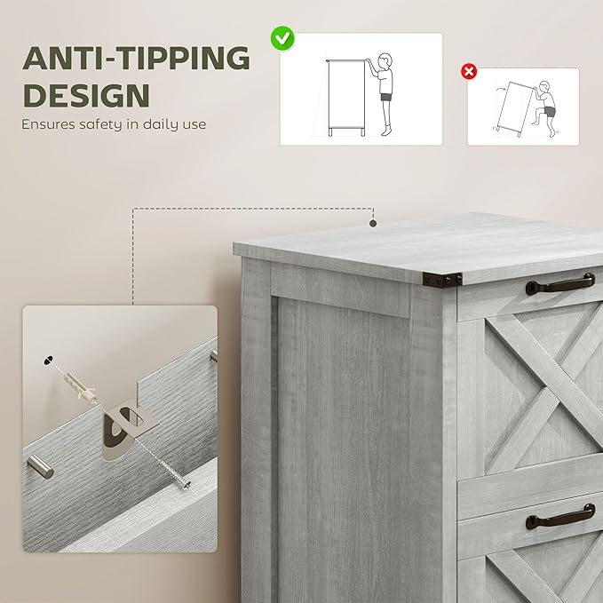 HOMCOM 2 Drawer Vertical File Cabinet with Silent Slides, Rustic Farmhouse Filing Cabinet with Barn Doors for A4/Letter Size, Printer Stand with Storage for Home Office, Distressed Light Gray