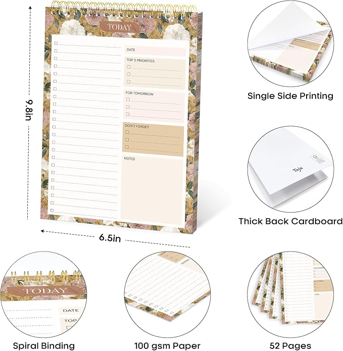 Taja To Do List Notepad - To Do List Notebook for Work with 52 Sheets, 9.8" x 6.5", Undated Daily Planner Perfect for Daily Tasks and Goal Setting, Notepad Suitable for Office, Home & School - Toffee Blossom