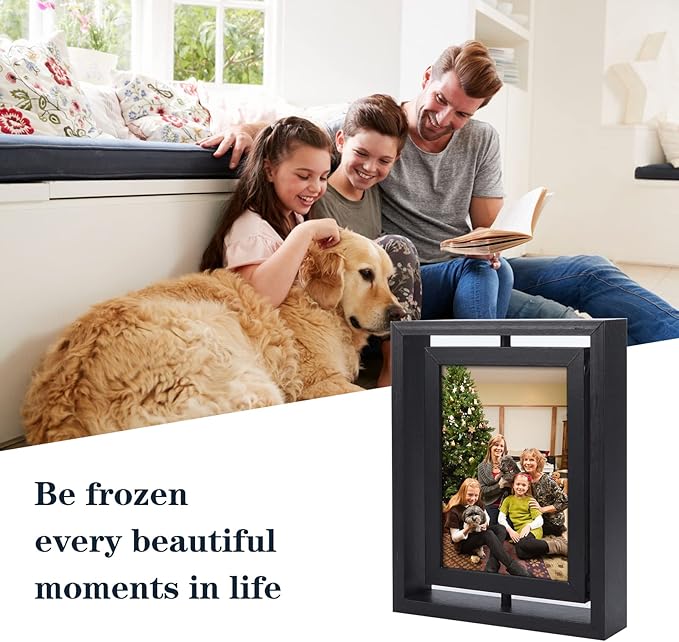 EXYGLO 2 Pack 5x7 Rustic Rotating Floating Picture Frames, Photo Frames for Vertical or Horizontal Tabletop Display, Black