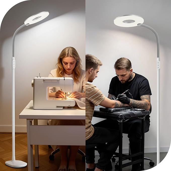 GyroVu LED Floor Lamp, Touch Control Bright Reading Floor Lamps for Living Room, 70'' Dimmable 3 Color Temperature Standing Tall Lamp with Adjustable Gooseneck for Bedroom Office Craft Sewing, White