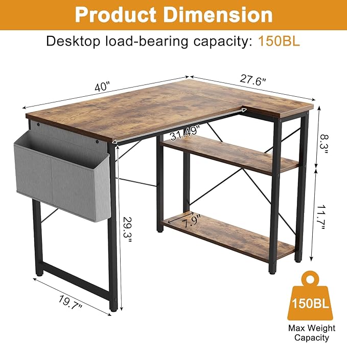Grandder L Shaped Computer Desk with Reversible Shelves, 40 Inch Small Corner Desk with Storage Bag, Gaming Desk Computer Table Study Writing Desk for Home Office Small Space, Rustic Brown