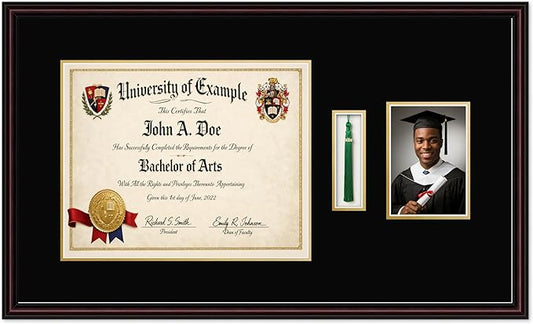CountryArtHouse Diploma Tassel and Photo Shadowbox Fits 15 x 12 Military/Government with Tassel Hook an Executive Brown Genuine Hardwood with Black Over Metallic Gold Double mat
