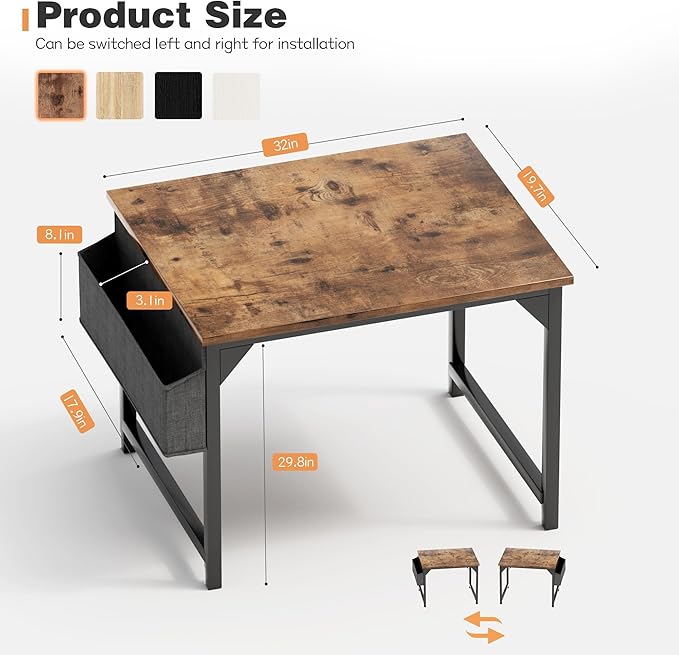 Shahoo 32 Inch Computer Desk, Wood Modern Simple Home Office Table for Small Spaces with Storage Bag and Headphone Hook for Home, Office, Study, Writing, Rustic Brown