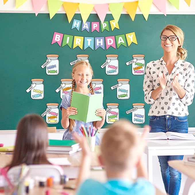 JarThenaAMCS 85Pcs Happy Birthday Bulletin Board Set Colorful Candy Calendar Poster Classroom Birthday Chart for Back to School Decorations
