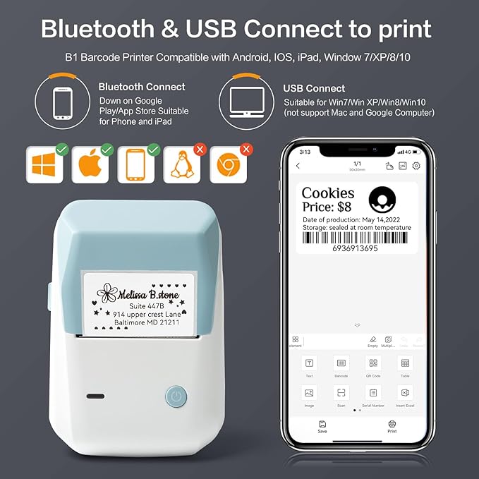 LMASBLTER B1 Label Maker 2 Inch Bluetooth Thermal Label Printer for Barcode, Address, Labeling, Logo, Clothing, Jewelry, Retail, Mailing, Support with Phones&PC, Easy to Use for Office & Home-Blue