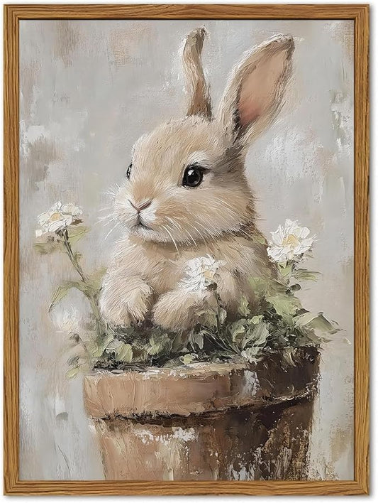 Framed Vintage Easter Bunny Wall Art, Cute Cottagecore Rabbit Floral Pictures Wall Decor, Spring Farmhouse Animal Paintings Prints Rustic Home Decor for Living Room Bedroom Nursery 16x24 inch