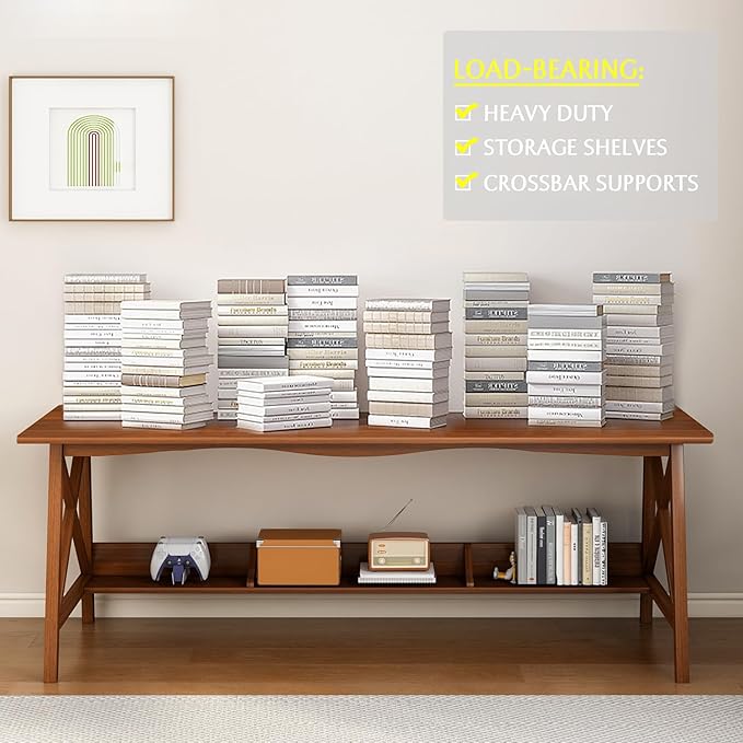 Extra Long Desk with Bookshelf - Wooden Home Office Work Study Table, Writing Computer Workstation with Storage Shelf in Oak, 47" Wx16 Dx30 H