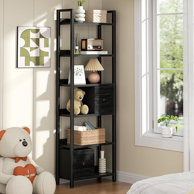 Furologee 6-Tier Bookshelf, Tall Bookcase with 2 Drawers Storage Organizer, Industrial Display Free Standing Shelf Units, Wood and Metal Storage Rack for Home Office, Bedroom, Black Oak