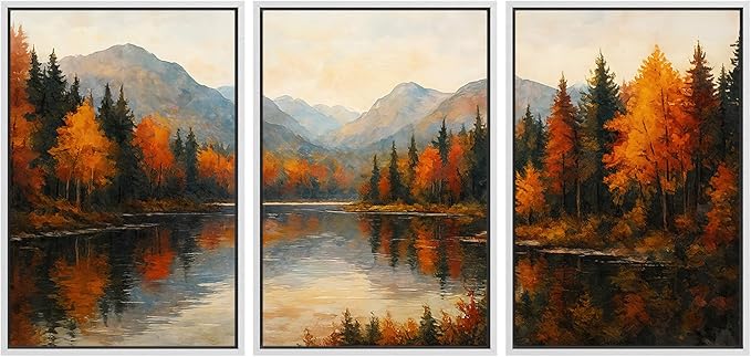 SIGNFORD Framed Wall Art Print Set Autumn Mountain Lake Vibrant Fall Forest Landscape Digital Art Modern Art Contemporary for Living Room, Bedroom, Office - 16"x24"x3 White