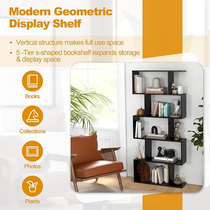 Tangkula 5-Tier Geometric Bookshelf, S Shaped Bookcase w/Anti-Toppling Device, Freestanding Room Divider, Industrial Home Office Decor Wood Open Storage Display Shelf for Living Room (1, Black)