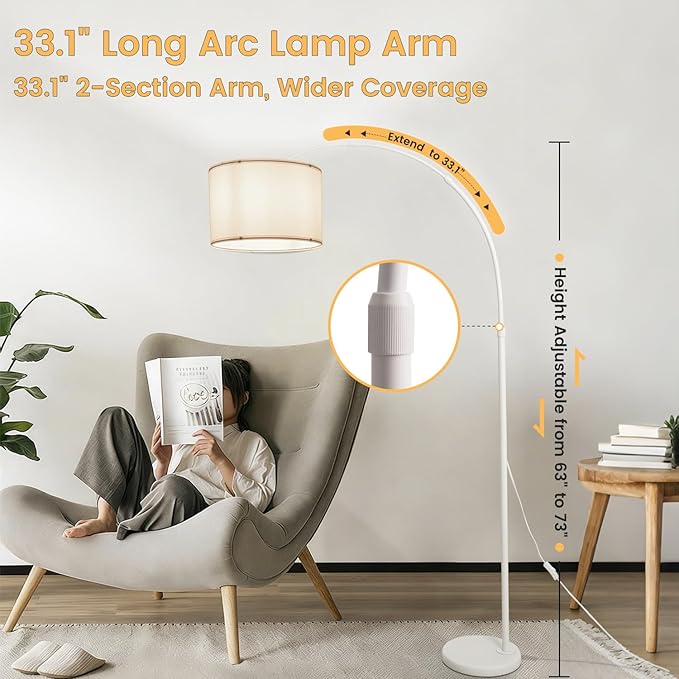 White Arc Floor Lamp with Marble Base, Modern Standing Floor Lamp with Adjustable Height Rotating Head, Tall Pole Lamp with Linen Shade, Over Couch Reading Light for Living Room Bedroom Office Corner