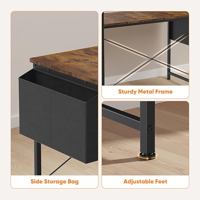 DUMOS L Shaped Desk Corner Computer Table 47 Inch, L-Shaped Gaming Desks with Storage Shelf Reversible, Wood Tables with Side Bag Adjustable Feet for 2 Monitors Small Space Home Office Bedroom, Brown