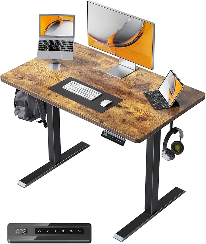 CubiCubi 32 x 20 Small One-Piece Standing Desk, Adjustable Height Electric Computer Home Office Sit Stand up Workstation, with 4 Memory Presets, Headphone Hook, Rustic Brown