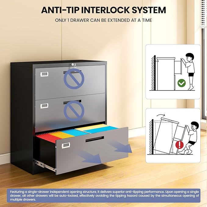 Metal 3 Drawer Lateral File Cabinet with Lock, Wide&Deep Filing Cabinet for Letter/Legal/F4/A4 Hanging Files, Includes Business Card Holder, Home Office School Storage