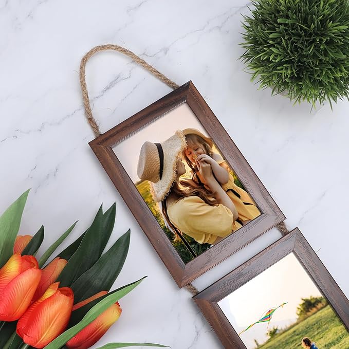 Lavezee 4x6 Collage Triple Picture Frames Set, Walnut Brown 6 Opening Hanging Vertical Frame Made to Display 4 by 6 Inch Photo Print for Wall Decor
