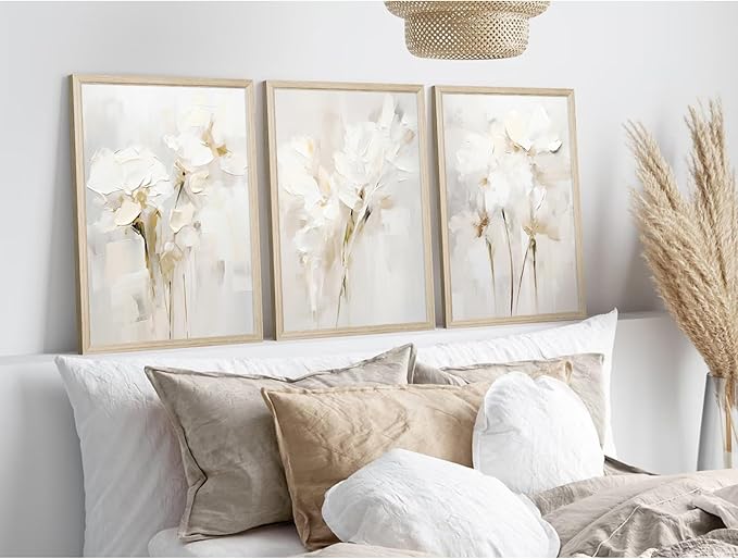 Neutral Wall Art Abstract Floral Canvas Pictures Beige Flower Wall Decor Modern Painting Minimalist Poster Abstract Botanical Prints White Artwork for Bedroom Living Room 16x24x3 Inch Wood Framed