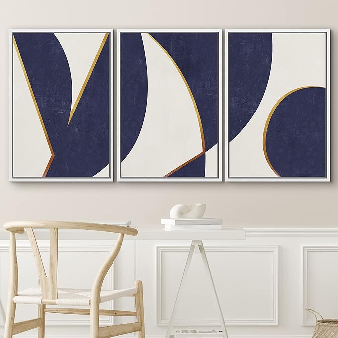 IDEA4WALL Framed Canvas Print Wall Art Set Art Deco Mid-Century Blue Gold Polygons Abstract Shapes Illustrations Modern Art Decorative Contemporary for Living Room, Bedroom, Office - 16"x24"x3 White