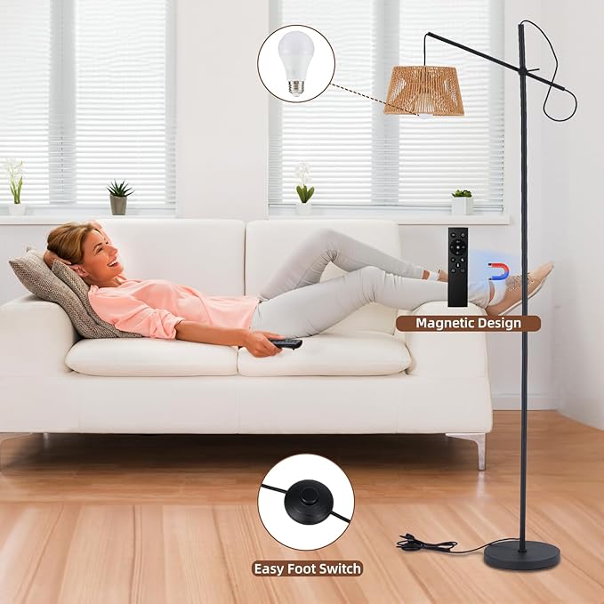 Arc Floor Lamp with Remote, Boho Floor Lamp with 3 Color Temperatures, 2700K-6500K Dimmable Rattan Standing Lamp with LED Bulb and Foot Switch, Adjustable Tall Lamp for Living Room Bedroom