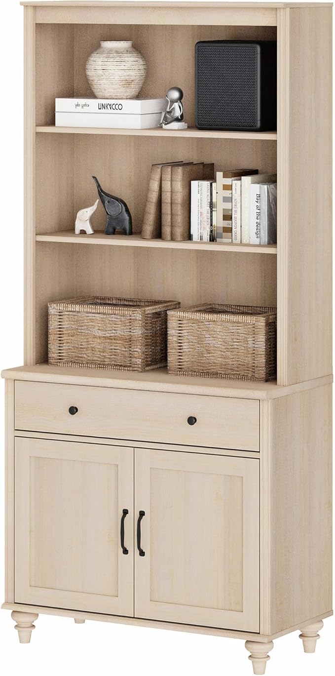 WAMPAT 5 Tier Bookshelf 72" Tall Bookcase with Doors & Drawer,Large Farmhouse Display Book Shelf with Storage Cabinet，Library Wood Bookshelves for Living Room,Kitchen, Light Oak