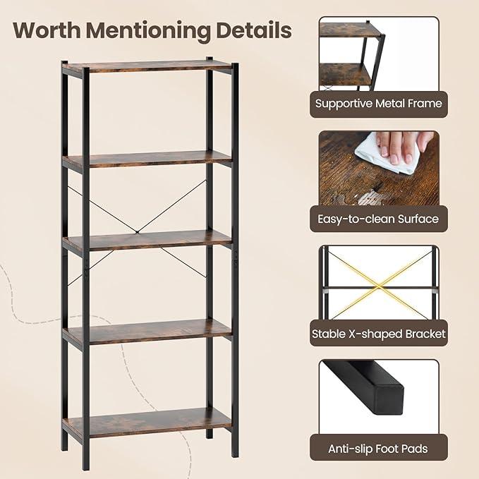 Giantex 5-Tier Industrial Bookshelf, 63.5" Tall Open Storage Organizer Shelves with Anti-Tipping Device and Foot Pads, Steel Frame Bookcase Display Rack for Living Room, Bedroom, Office, Brown