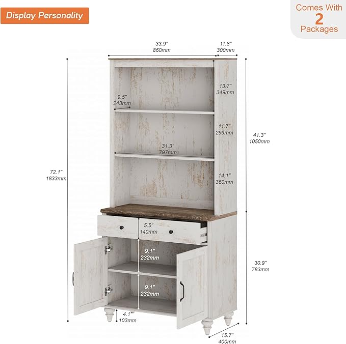 WAMPAT 5 Tier Bookshelf 72" Tall Bookcase with Doors & Drawer,Large Farmhouse Display Book Shelf with Storage Cabinet，Library Wood Bookshelves for Living Room,Kitchen, Rustic White