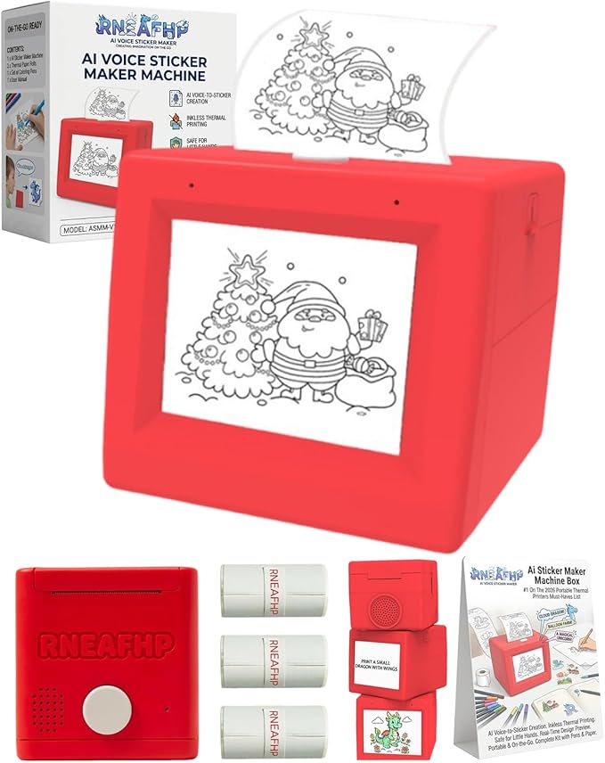 Ai Sticker Maker Machine Box Mini Smart Voice Inkless Portable Thermal Display Label Photo Stickers Printer Kids Creative Stamper Toy for Home Office Scrapbooking DIY Crafts Gift Wrapping(1PC)