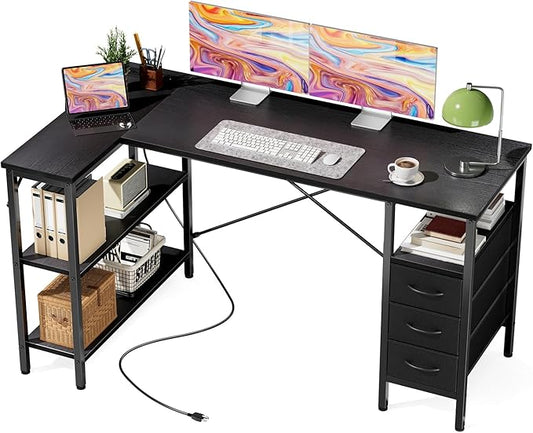 DUMOS L Shaped Desk with Shelf Drawers 55 Inch, Black Corner Computer Desks Gaming with Power Outlet, Study Table with Adjustable Shelves, Home Office Tables for Bedroom Teacher Reading Writing